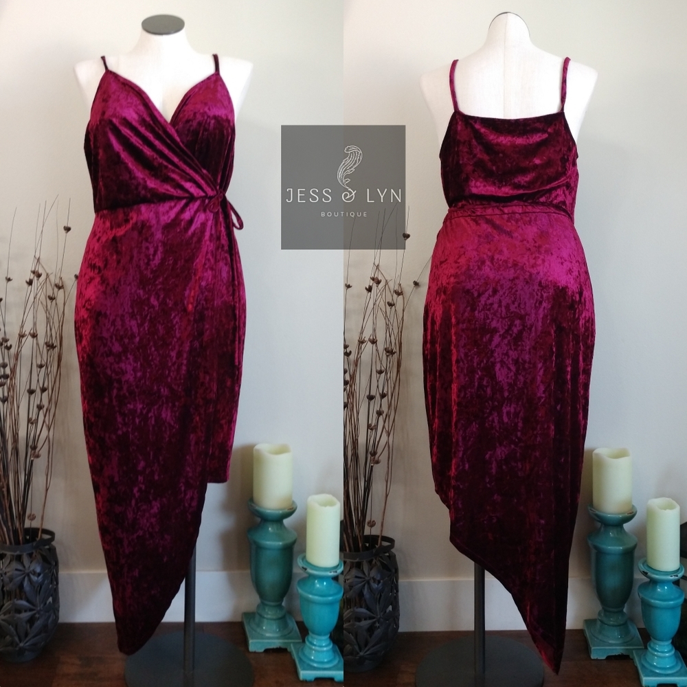 🆕PLUS Burgundy Crushed Velvet Asymmetrical Wrap Dress